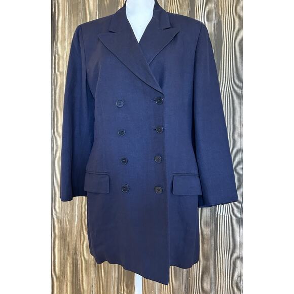 Calvin Klein Blazer Size 6 Linen Blend Preppy Blue Double Breasted Long Academia - Picture 1 of 9